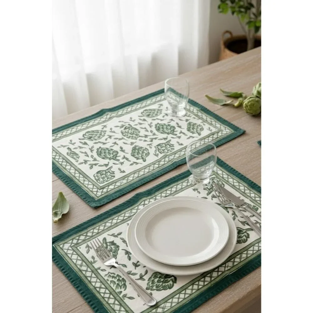Lot of 2 Pomegranate Lexington‎ KY Artichoke Placemats Block Print 13x19 Cottage
